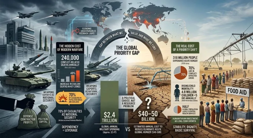 A conceptual illustration contrasting global military expenditure with the minimal investment required to end world hunger.