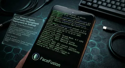 A Poco X3 Pro terminal screen displaying the initialization of FaceFusion WebUI via PRoot Ubuntu, capturing the successful logic-patch and CPU core pinning for uncensored generation on Android hardware.
