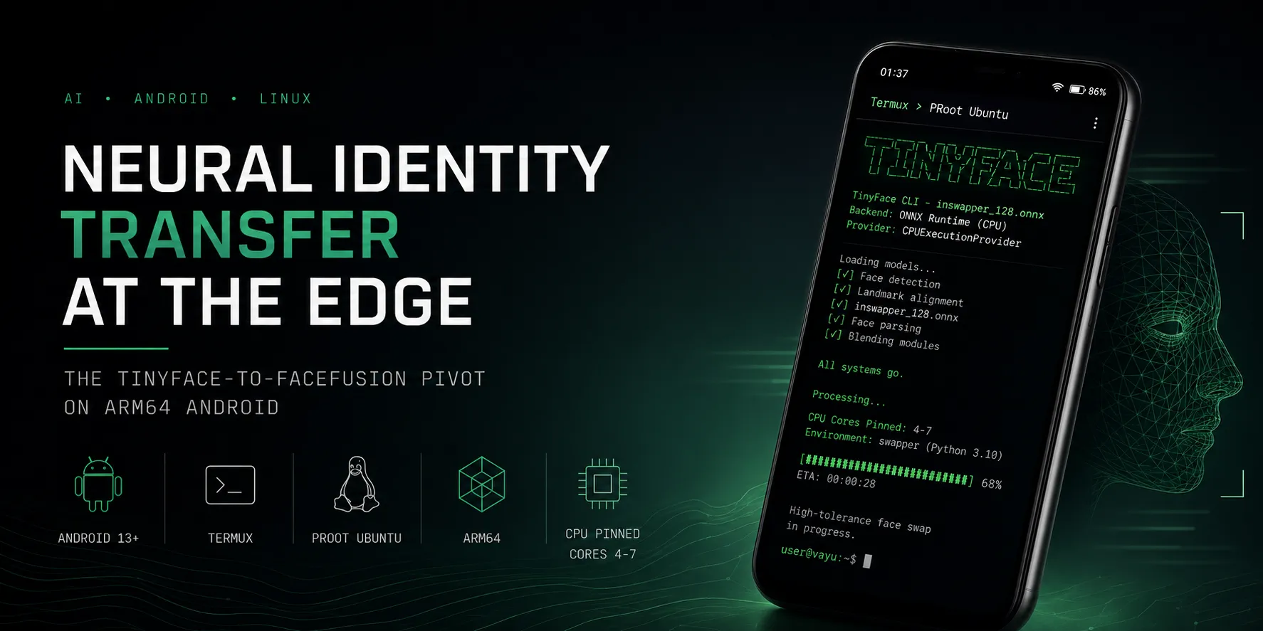 A Poco X3 Pro terminal screen displaying the TinyFace CLI identity-transfer pipeline running inside PRoot Ubuntu, capturing the structural pivot toward FaceFusion for stable inference on Android hardware.